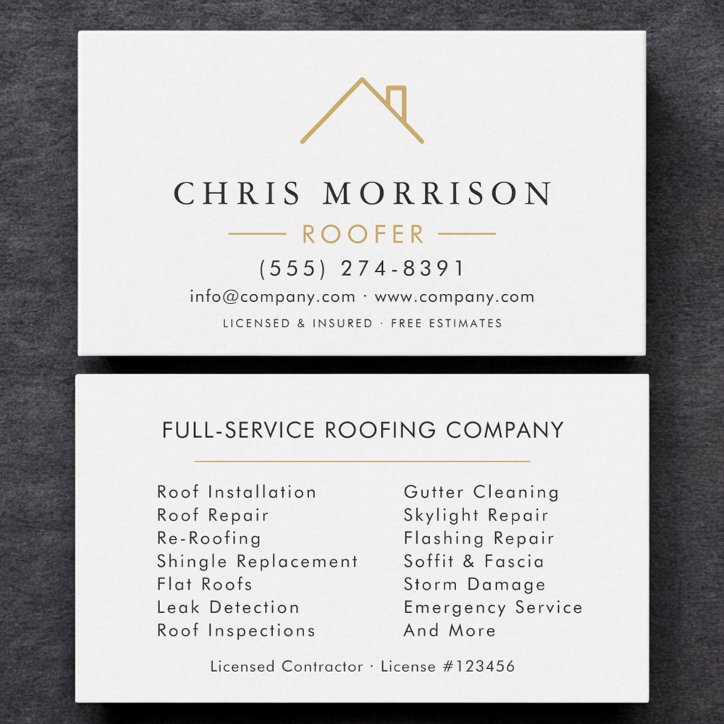 Minimalist Roofer White Gold Modern Business Card
