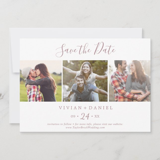 Minimalist Rose 3 Photo Template Save the Date (Front)