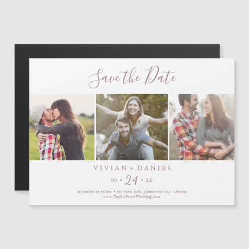 Minimalist Rose 3 Photo Template Save the Date Magnetic Invitation
