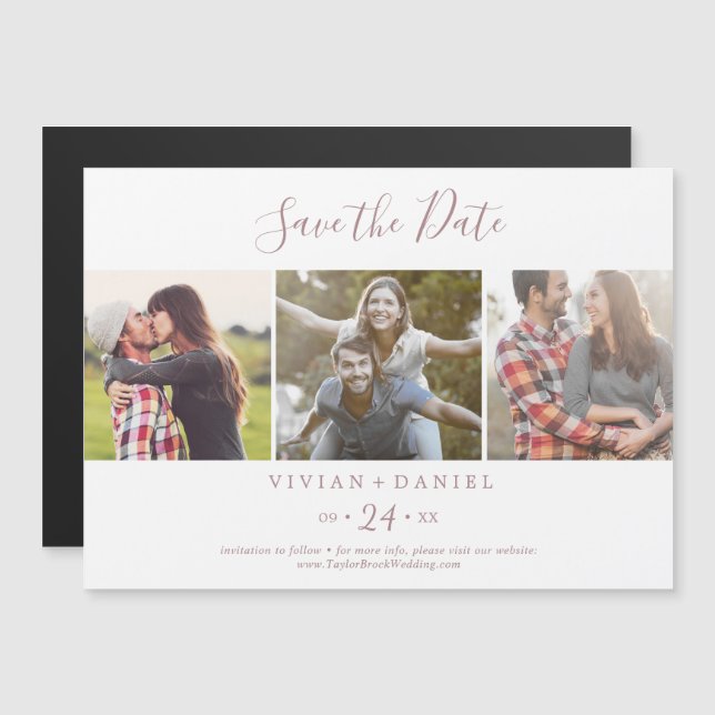 Minimalist Rose 3 Photo Template Save the Date Magnetic Invitation (Front/Back)