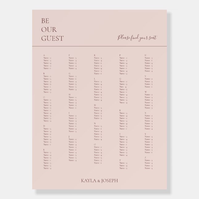 Minimalist Rose Alphabetical Wedding Seating Chart Foam Board (Front)