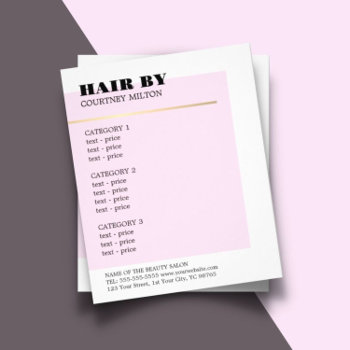 Minimalist Rose Faux Gold Line Hairstylist Menu Flyer by pro_business_card at Zazzle