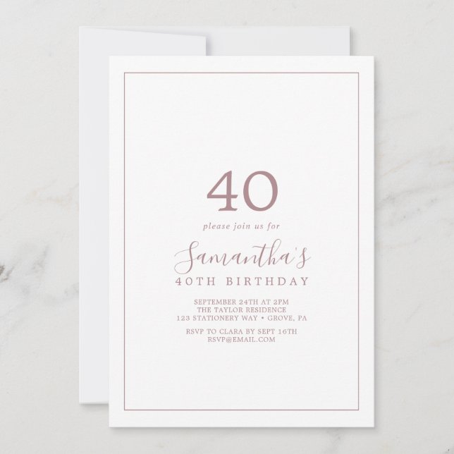 Minimalist Rose Gold 40th Birthday Invitation (Front)