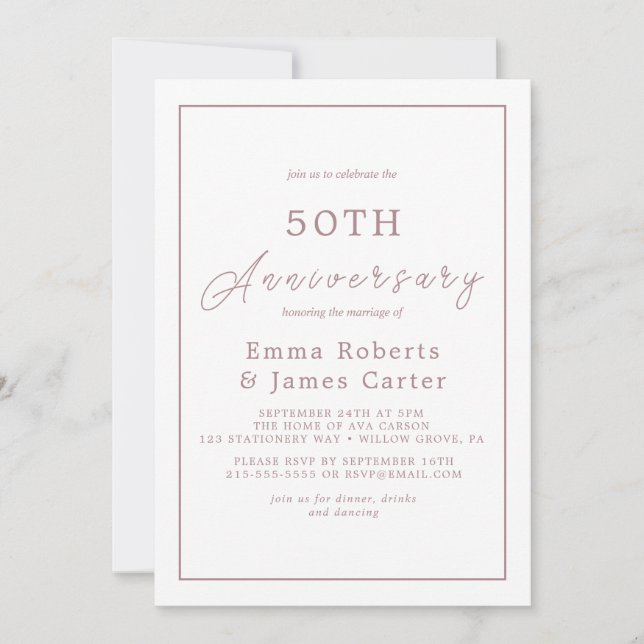 Minimalist Rose Gold 50th Wedding Anniversary  Invitation (Front)