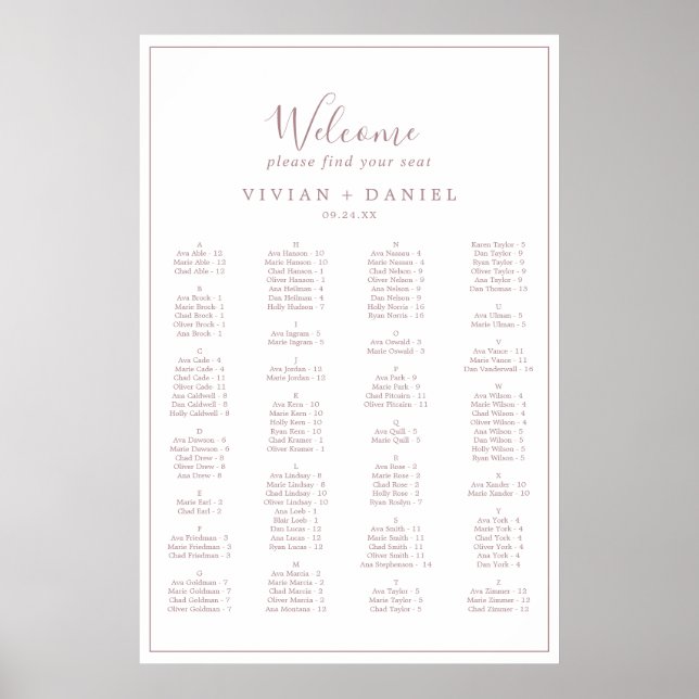 Minimalist Rose Gold Alphabetical Seating Chart (Front)