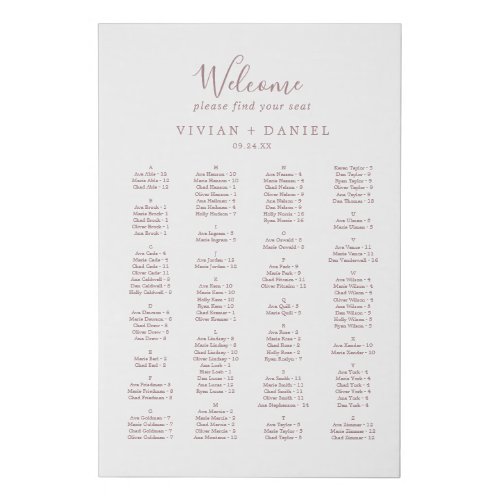 Minimalist Rose Gold Alphabetical Seating Chart Faux Canvas Print