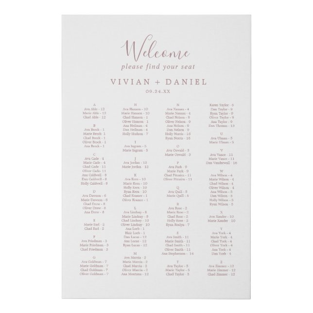 Minimalist Rose Gold Alphabetical Seating Chart Faux Canvas Print (Front)