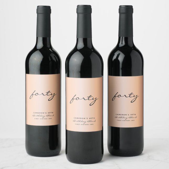 Minimalist Rose Gold and Black Age Birthday Wine Label (Bottles)