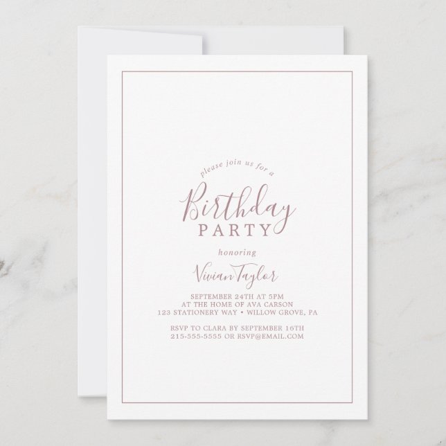 Minimalist Rose Gold Birthday Party Invitation (Front)