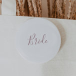 Minimalist Rose Gold Bride Bridal Shower Button<br><div class="desc">This minimalist rose gold bride bridal shower button is perfect for a simple wedding shower. The modern romantic design features classic rose gold and white typography paired with a rustic yet elegant calligraphy with vintage hand lettered style. Customizable in any color. Keep the design simple and elegant, as is, or...</div>