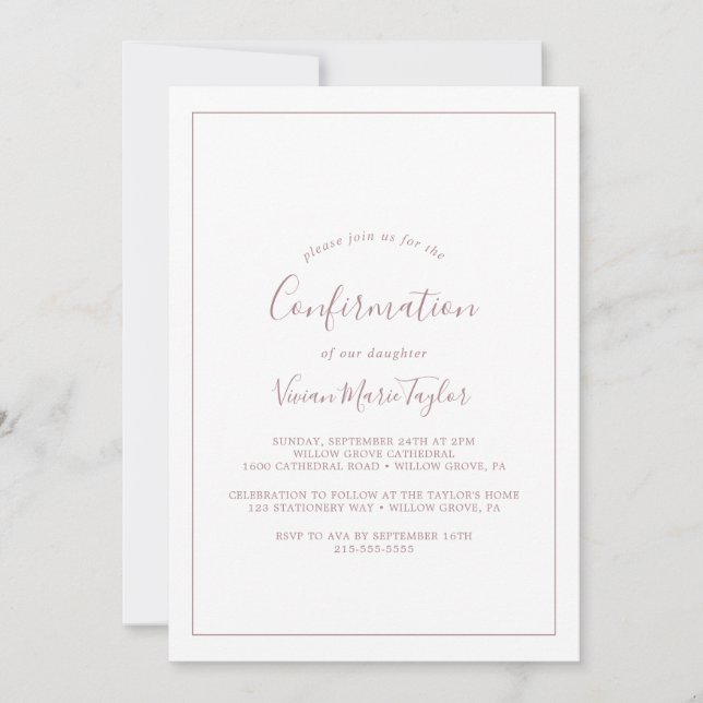 Minimalist Rose Gold Confirmation Invitation (Front)