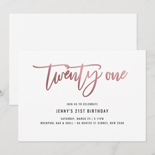 Minimalist Rose Gold Foil 21st Birthday Invitation (Front/Back)