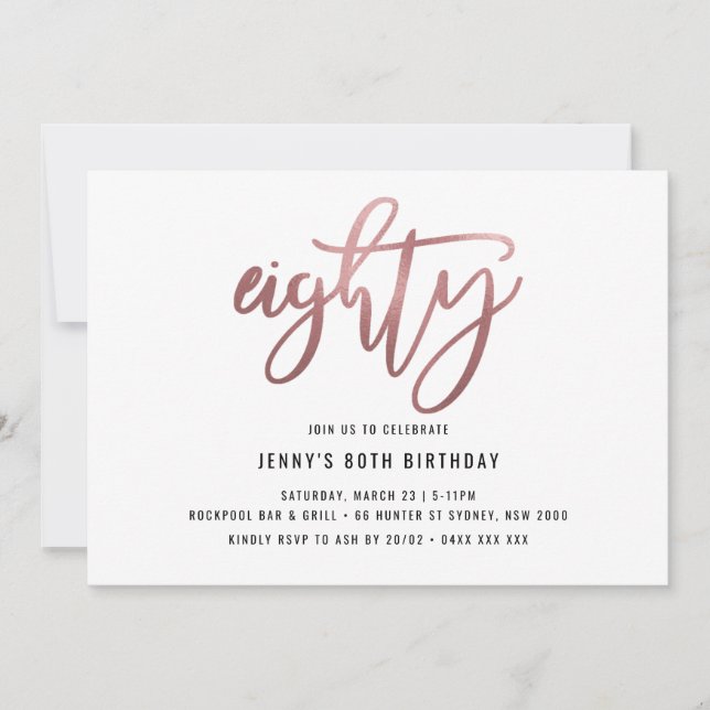 Minimalist Rose Gold Foil 80th Birthday Invitation (Front)