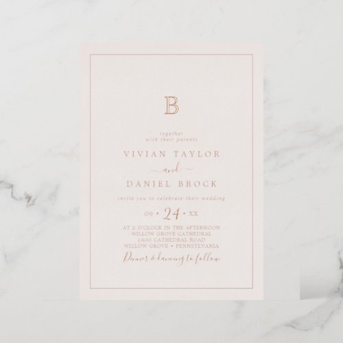 Minimalist Rose Gold Foil  Blush Monogram Wedding Foil Invitation