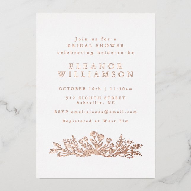 Minimalist Rose Gold Foil Botanical Bridal Shower Invitation (Front)