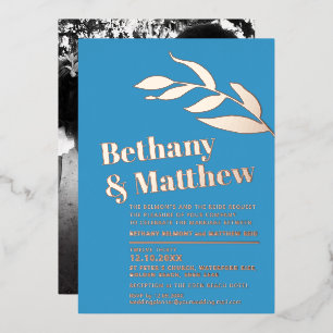 Minimalist rose gold foil leaves on blue wedding foil invitation