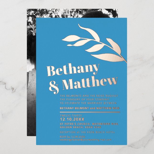 Minimalist rose gold foil leaves on blue wedding foil invitation (Front/Back)