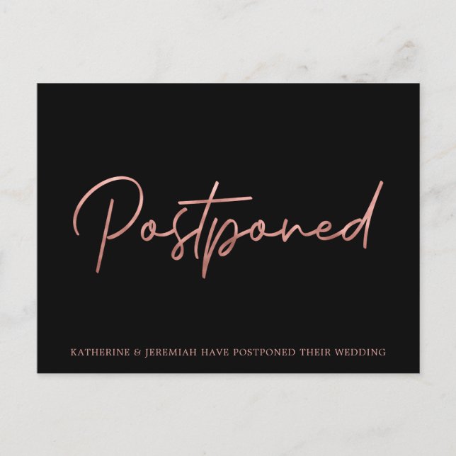 Minimalist Rose Gold Foil Wedding Postponement Postcard (Front)