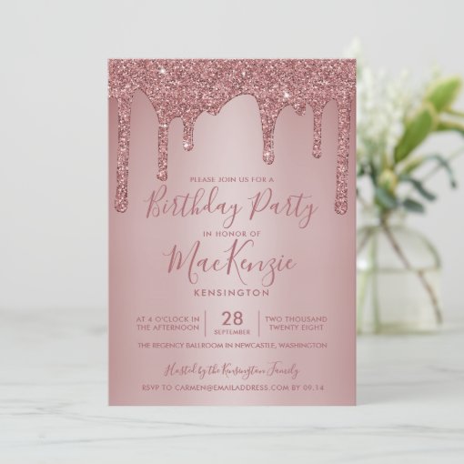 Minimalist Rose Gold Glitter Drips Birthday Invitation Zazzle