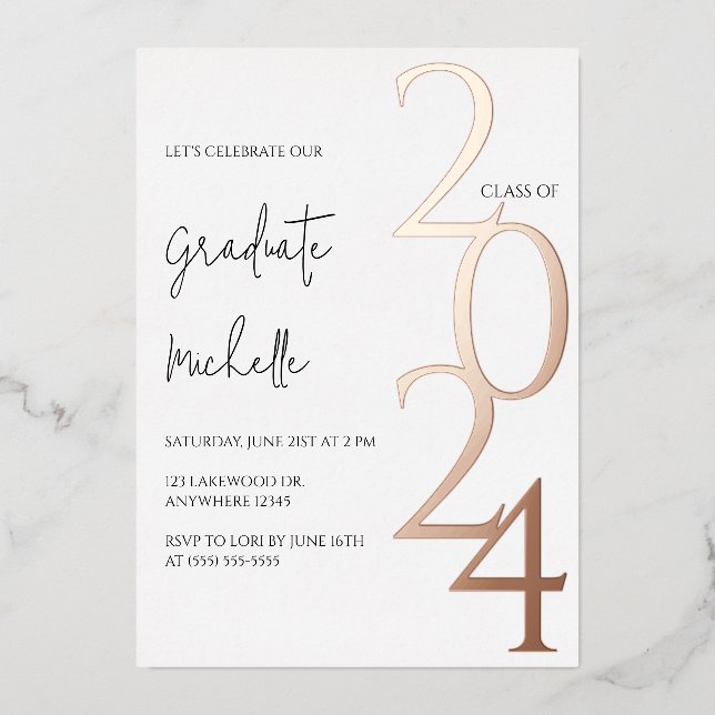 Minimalist Rose Gold Graduation Foil Invitation (Front)