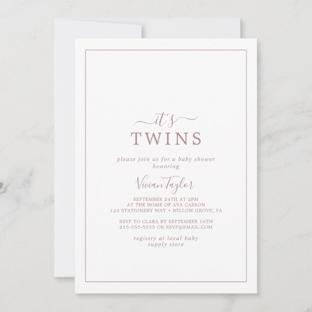 Minimalist Rose Gold It's Twins Baby Shower Invitation (Front)