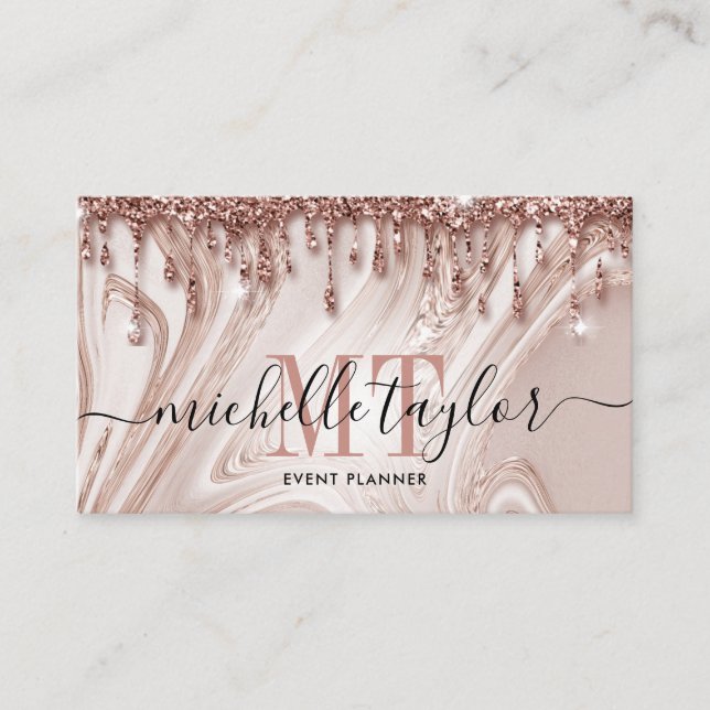Minimalist rose gold marble drips monogram business card (Front)