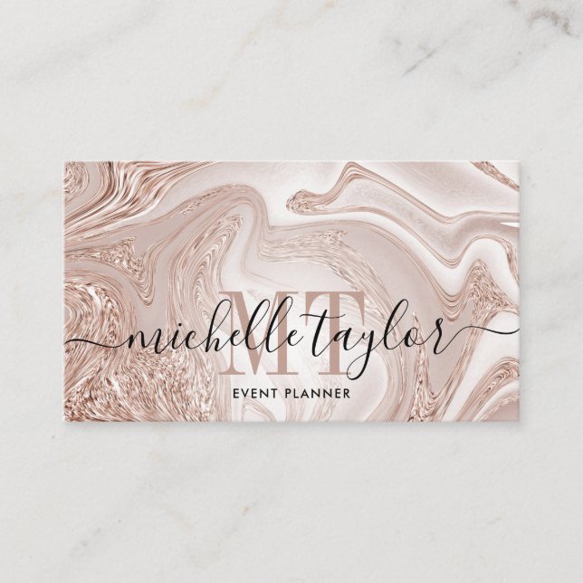 Minimalist rose gold marble  gold monogram business card (Front)