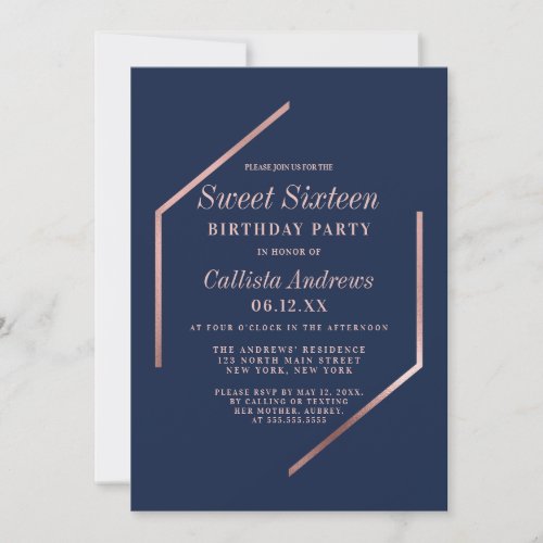 Minimalist Rose Gold Navy Blue Geo Frame Sweet 16 Invitation