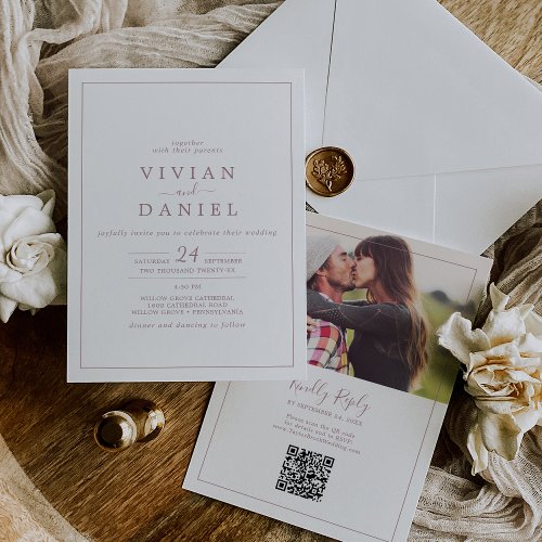 Minimalist Rose Gold Photo QR Code Wedding Invitation
