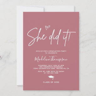 Minimalist Rose Gold Photo She did it Graduation Invitation