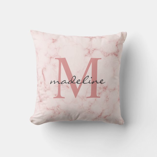 Minimalist Rose Gold Pink Marble Monogram Throw Pillow (Front)