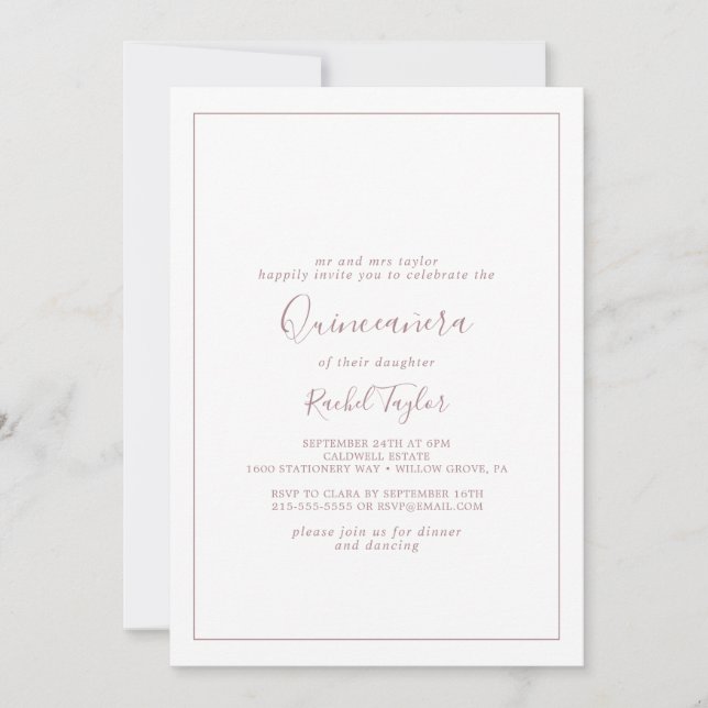Minimalist Rose Gold Quinceañera Invitation (Front)