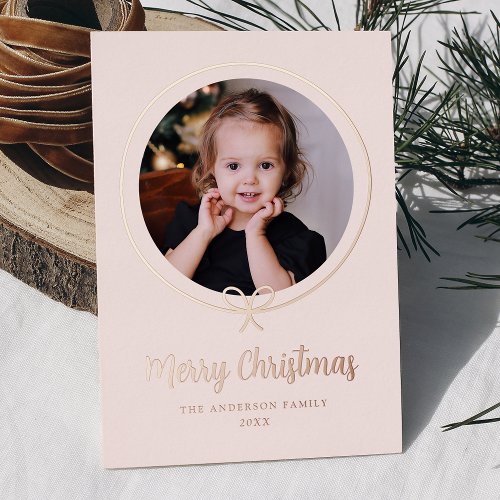 Minimalist Rose Gold Ribbon Photo Foil Holiday Card