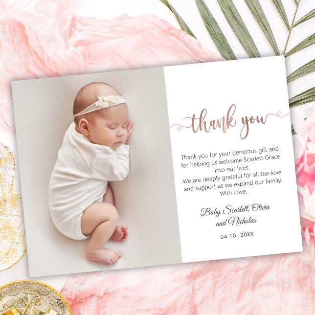 Minimalist Rose Gold Script Baby Photo Thank You (Creator Uploaded)
