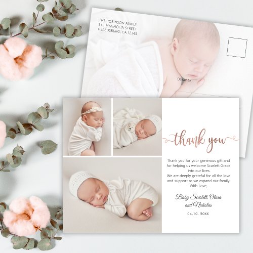 Minimalist Rose Gold Script Baby Photo Thank You P Postcard