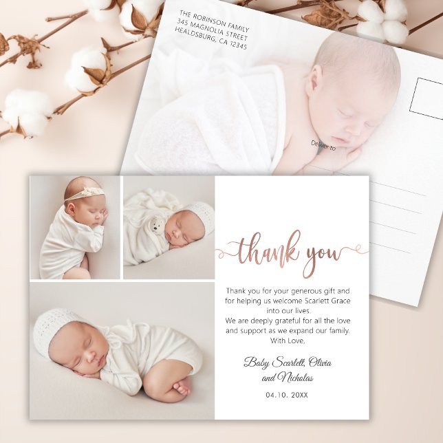 Minimalist Rose Gold Script Baby Photo Thank You P Postcard (Creator Uploaded)