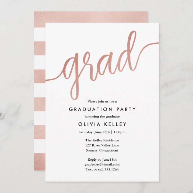 Minimalist Rose Gold Script Graduation Party Invitation (Front/Back)