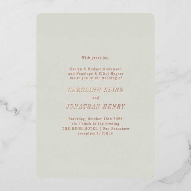 Minimalist Rose Gold Typography Elegant Wedding Foil Invitation (Front)