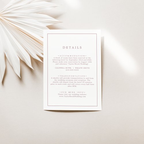 Minimalist Rose Gold Typography Wedding Details Enclosure Card