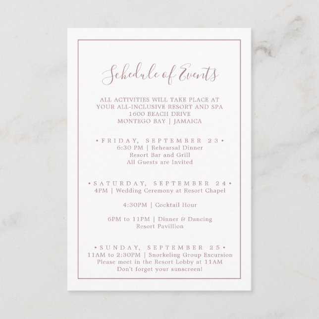 Minimalist Rose Gold Wedding Schedule of Events Enclosure Card (Front)