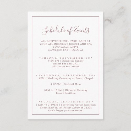 Minimalist Rose Gold Wedding Schedule of Events Enclosure Card