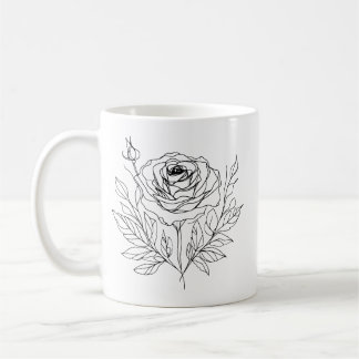 minimalist rose one line art drawing in black coffee mug