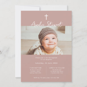Minimalist rose pink photo baptism christening invitation