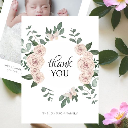 Minimalist Rose Wreath Photo Baby Shower Thank You Card