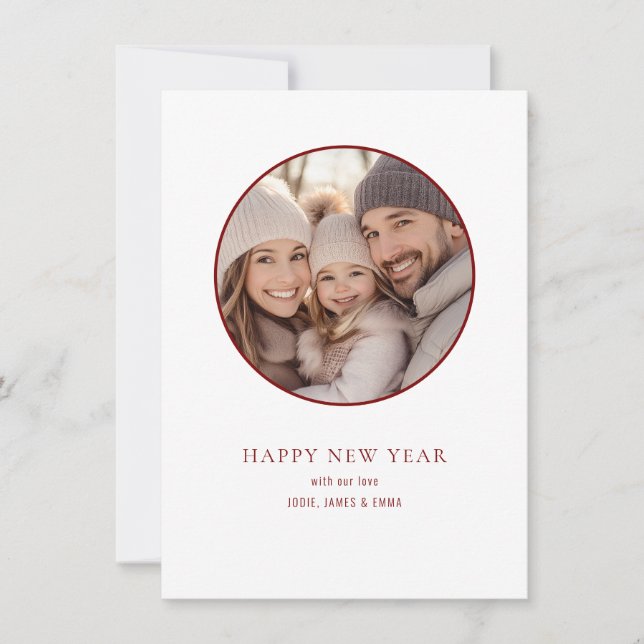 Minimalist Round Photo Name Happy New Year Holiday Card (Front)