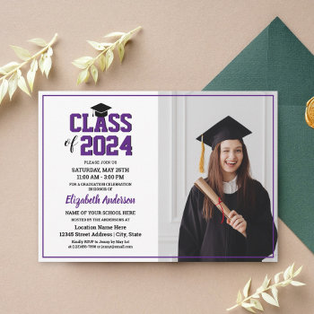 Minimalist Royal Purple Graduate Photo Graduation Invitation by littleteapotdesigns at Zazzle