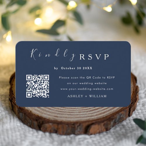 Minimalist Rsvp Website Qr Code Navy Blue Wedding Enclosure Card