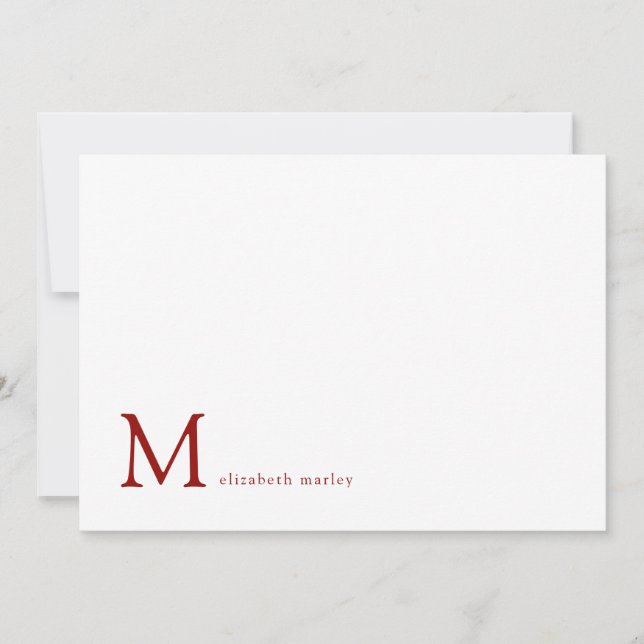Minimalist Ruby Red Monogram Correspondence  Note Card (Front)