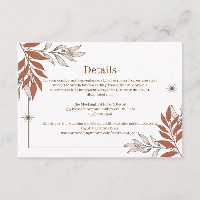 minimalist rust botanical accommodation details enclosure card (Front)