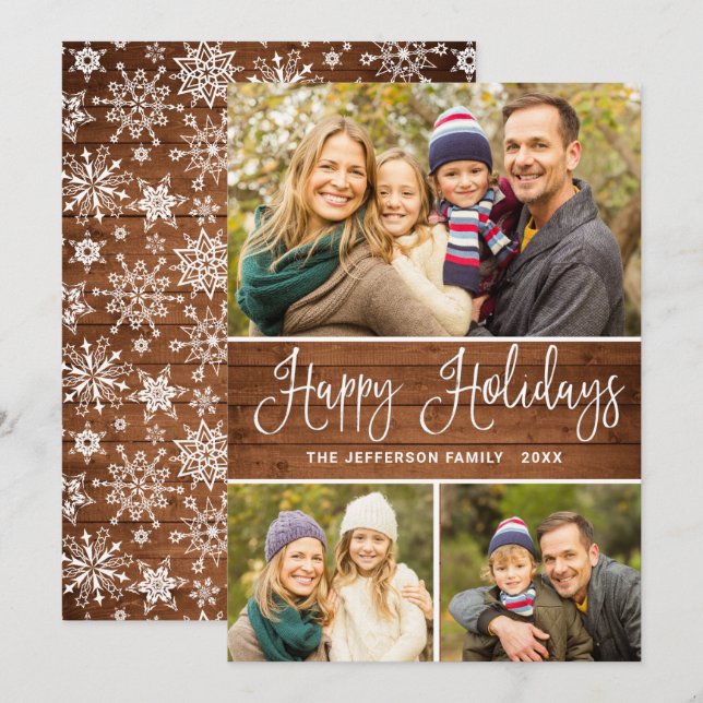 Minimalist Rustic 3 PHOTO Christmas Greeting Boho Holiday Card (Front/Back)
